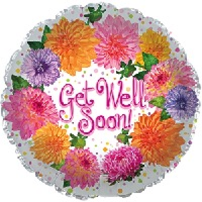 Get Well Soon Balloon - 9in Get Well Soon Chrysanthemum. Air Filled. Cup and Stick included. 9in.