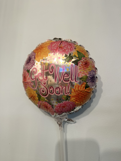 Get Well Soon Balloon - 9in Get Well Soon Chrysanthemum. Air Filled. Cup and Stick included. 9in.