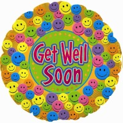 Get Well Soon Smiley - 9in Get Well Soon Smiley. Air Filled. Cup and Stick included. 9in.