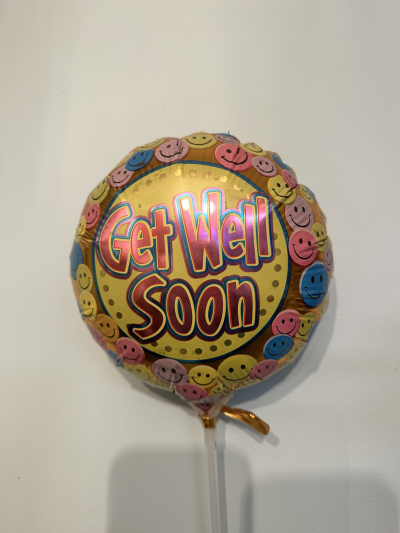 Get Well Soon Smiley - 9in Get Well Soon Smiley. Air Filled. Cup and Stick included. 9in.